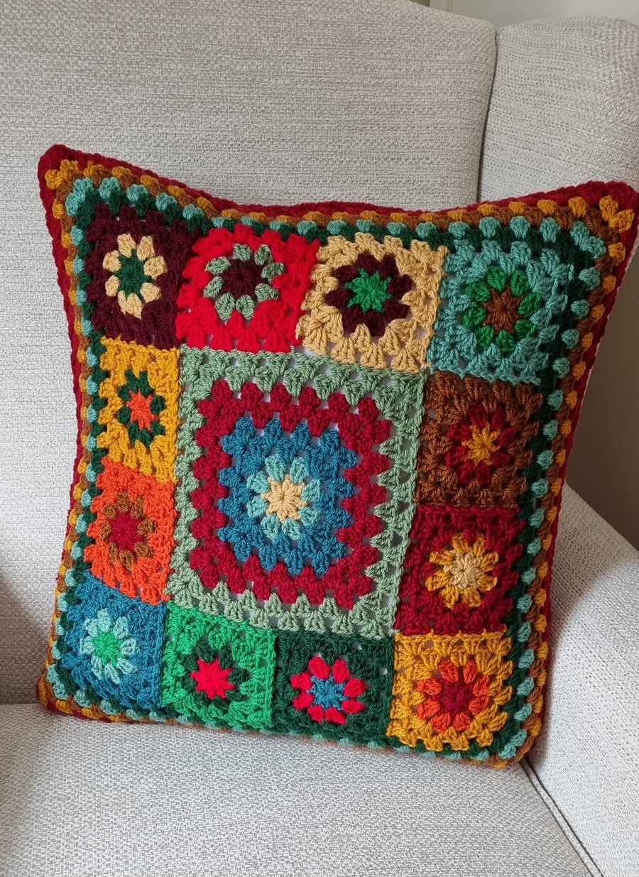 Multicoloured Squares Crochet Cushion Cover