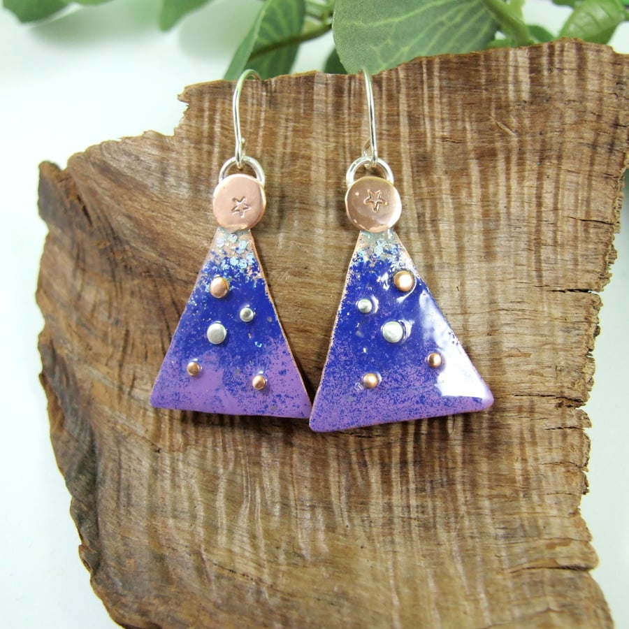 Christmas Earrings, Sterling Silver and Copper with Blue Enamel
