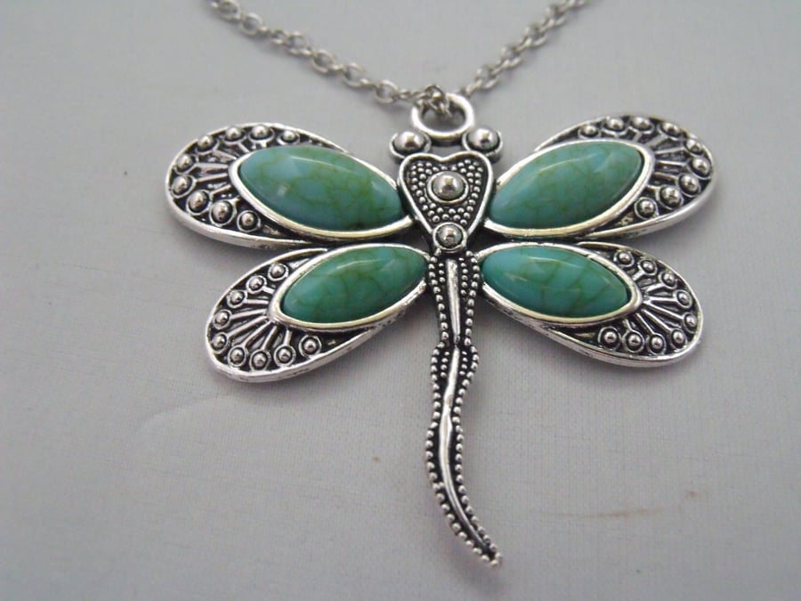 Turquoise and Silver Dragonfly Pendant