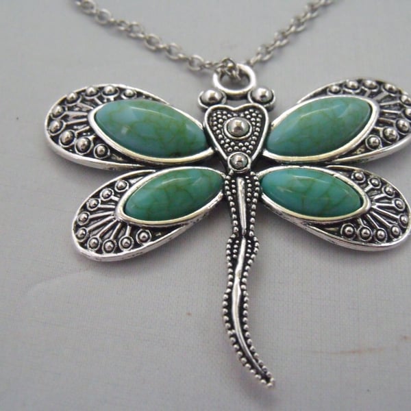 Turquoise and Silver Dragonfly Pendant