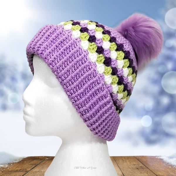 Crochet hat, beanie. Lilac, purple, green and white granny stitch pom pom hat.
