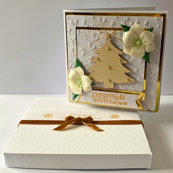 Luxury Handmade Christmas Card - Christmas Tree & Christmas Rose, Boxed Keepsake