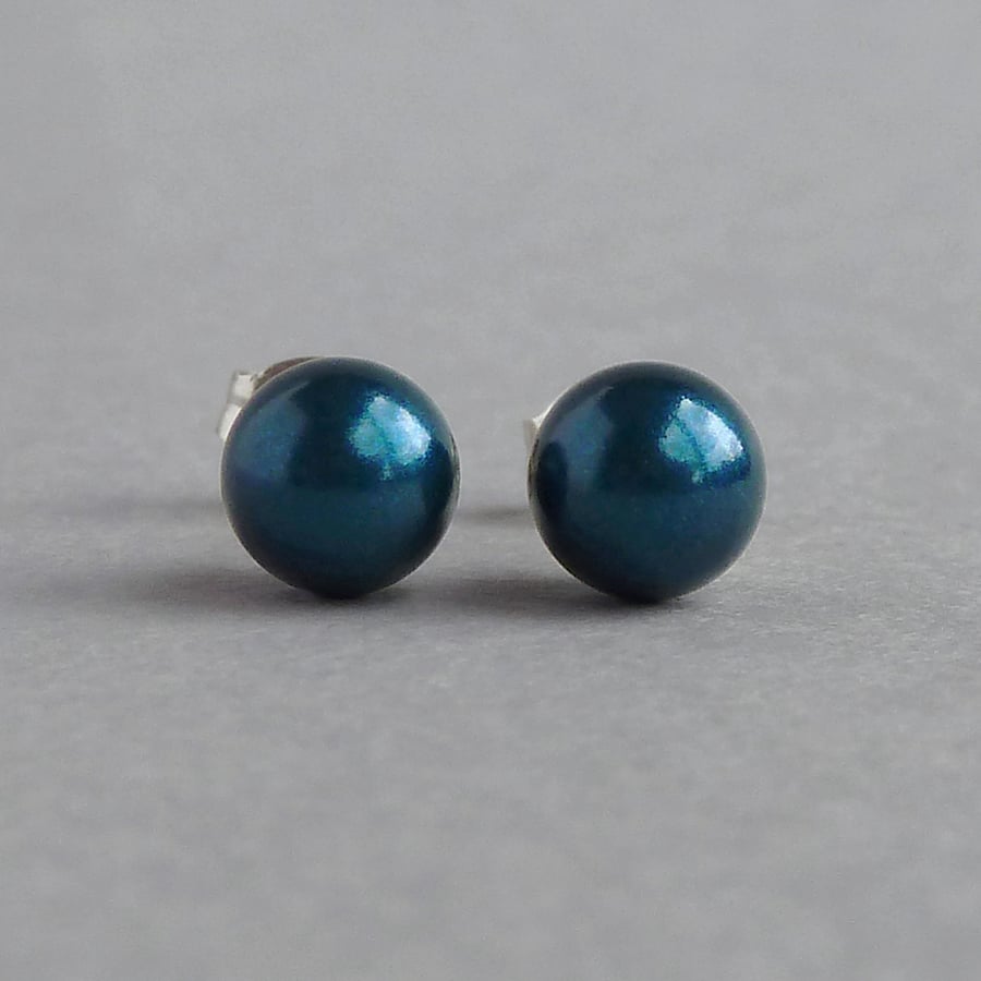 6mm Teal Pearl Stud Earrings - Small Round Petrol Blue Glass Pearl Studs - Gifts
