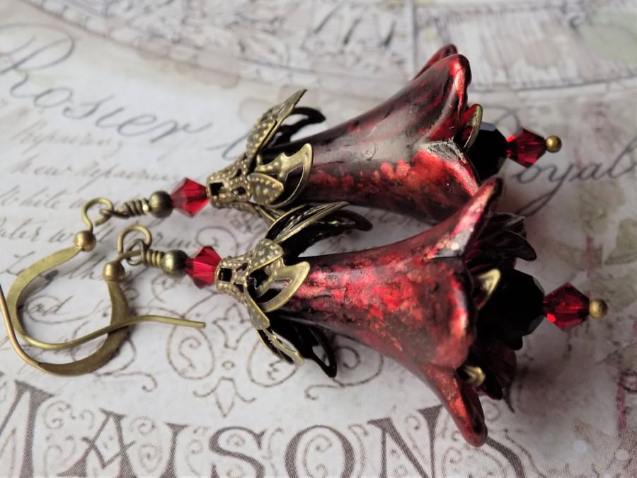 Scarlet, Crimson, Gold "Claribel" Hand Painted Lucite Flower Earrings