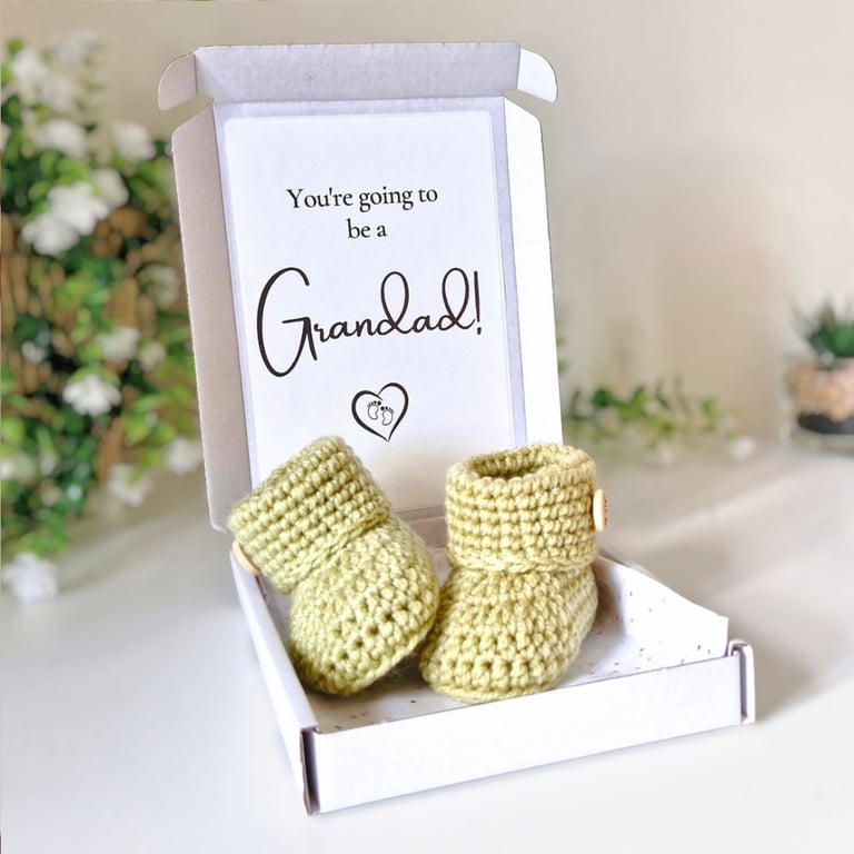 Grandad Pregnancy Announcement Letterbox Gift – Crochet Baby Booties
