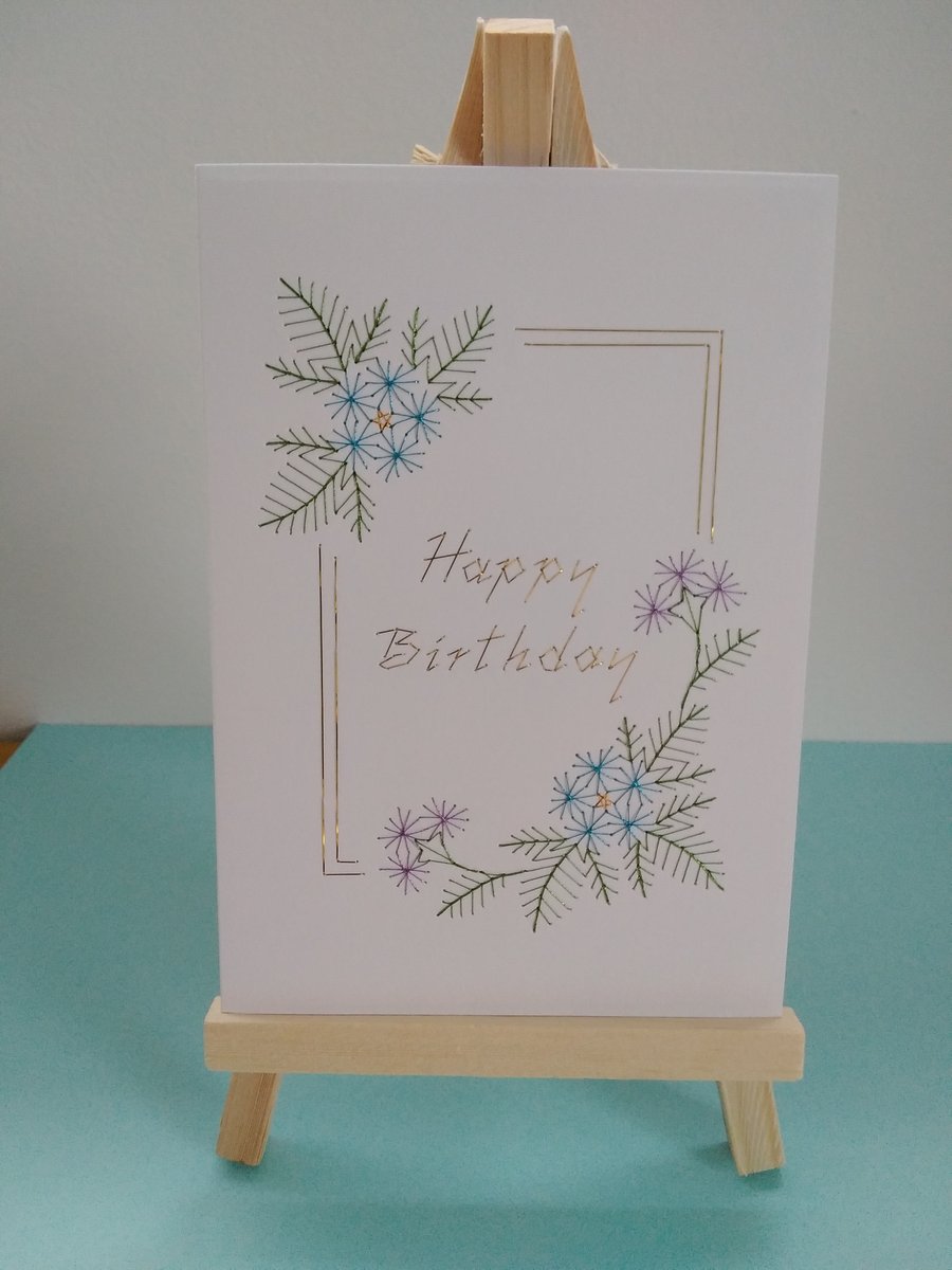 Hand Embroidered Floral Birthday Card.