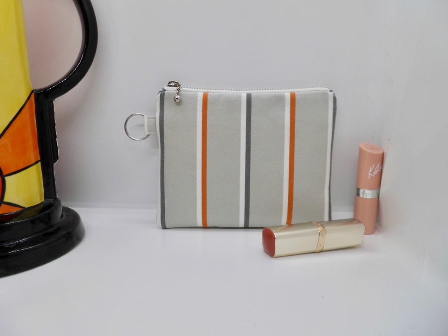 Make up bag purse grey with orange and white stripes