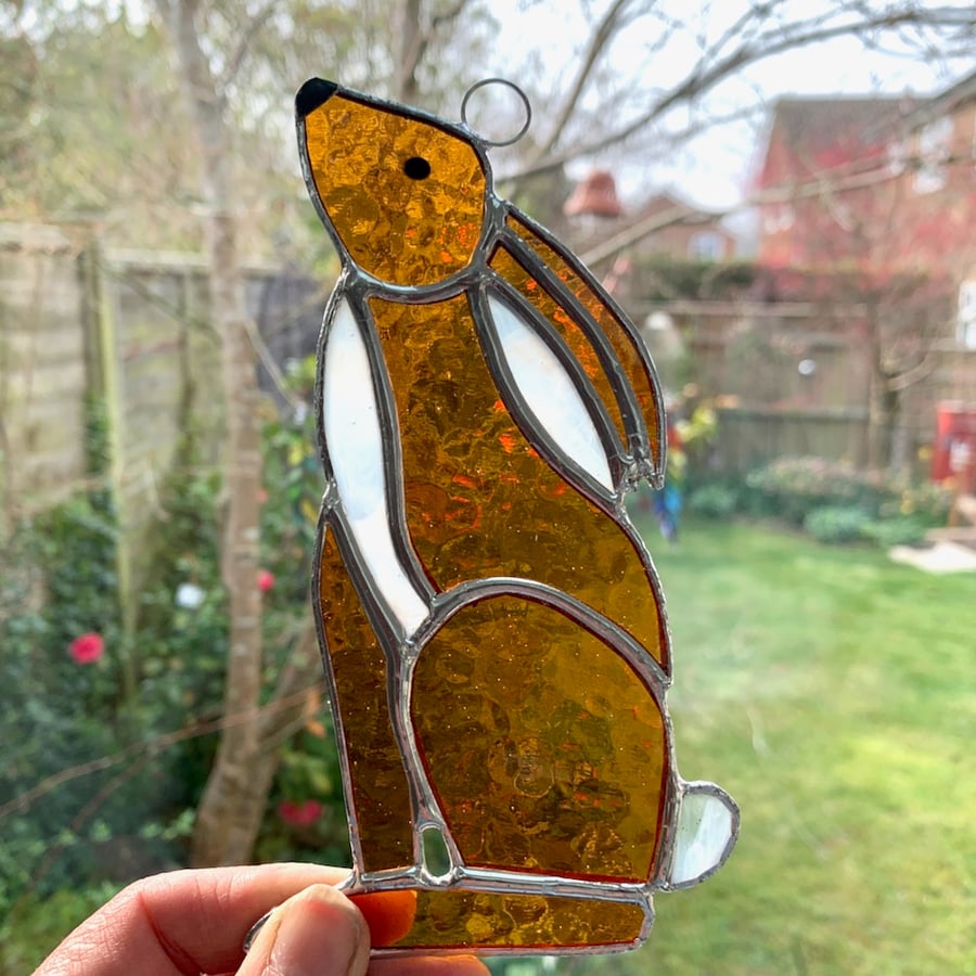 Stained Glass Hare Suncatcher - Handmade Window Decoration -  Amber