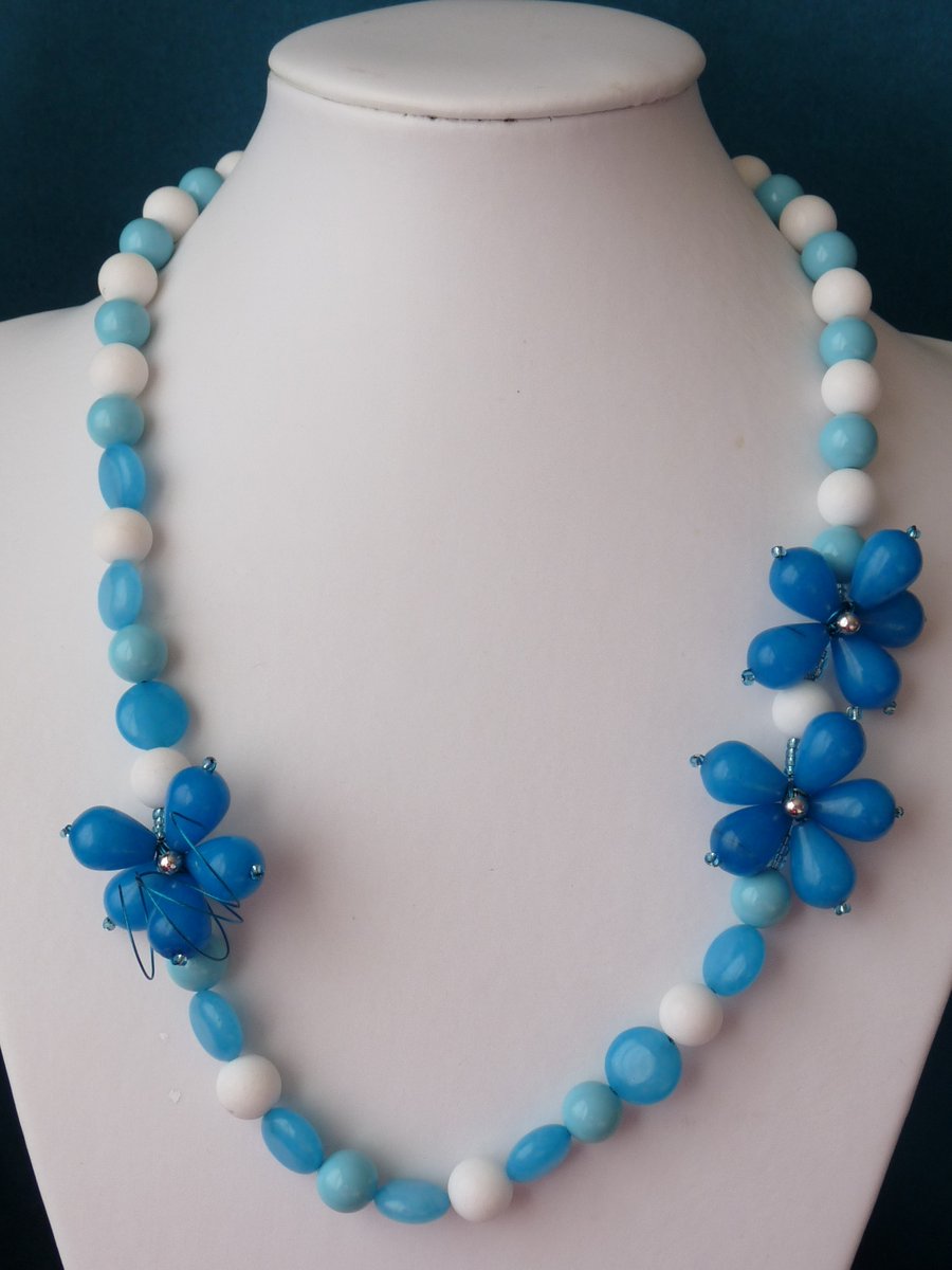Swiss Blue Jade & Shell Necklace - Sterling Silver - Handmade 