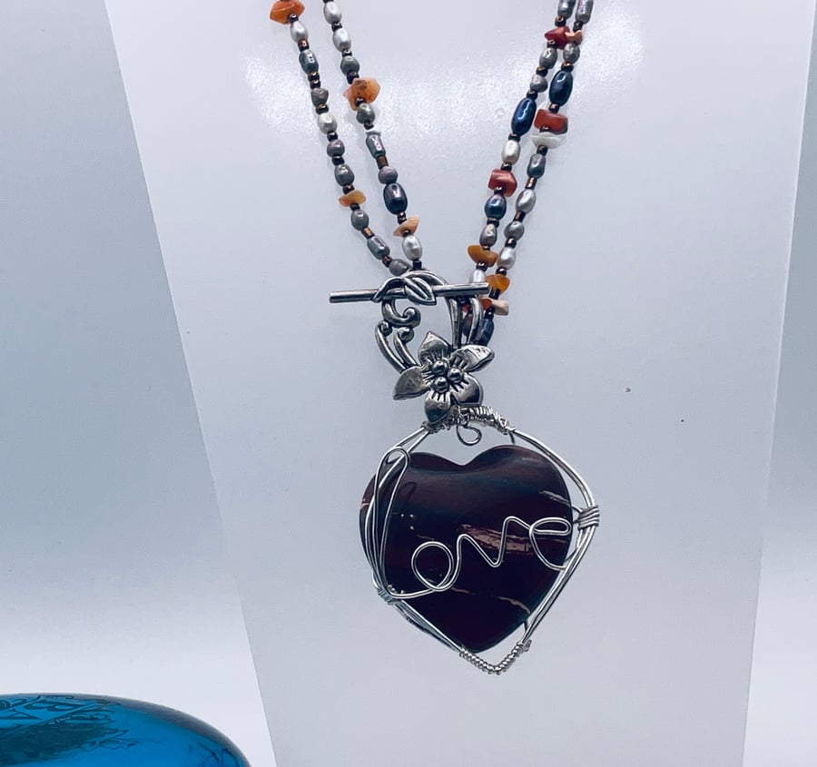 Joyful jasper heart with silver wire love message on a gemstone chain