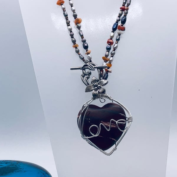 Joyful jasper heart with silver wire love message on a gemstone chain