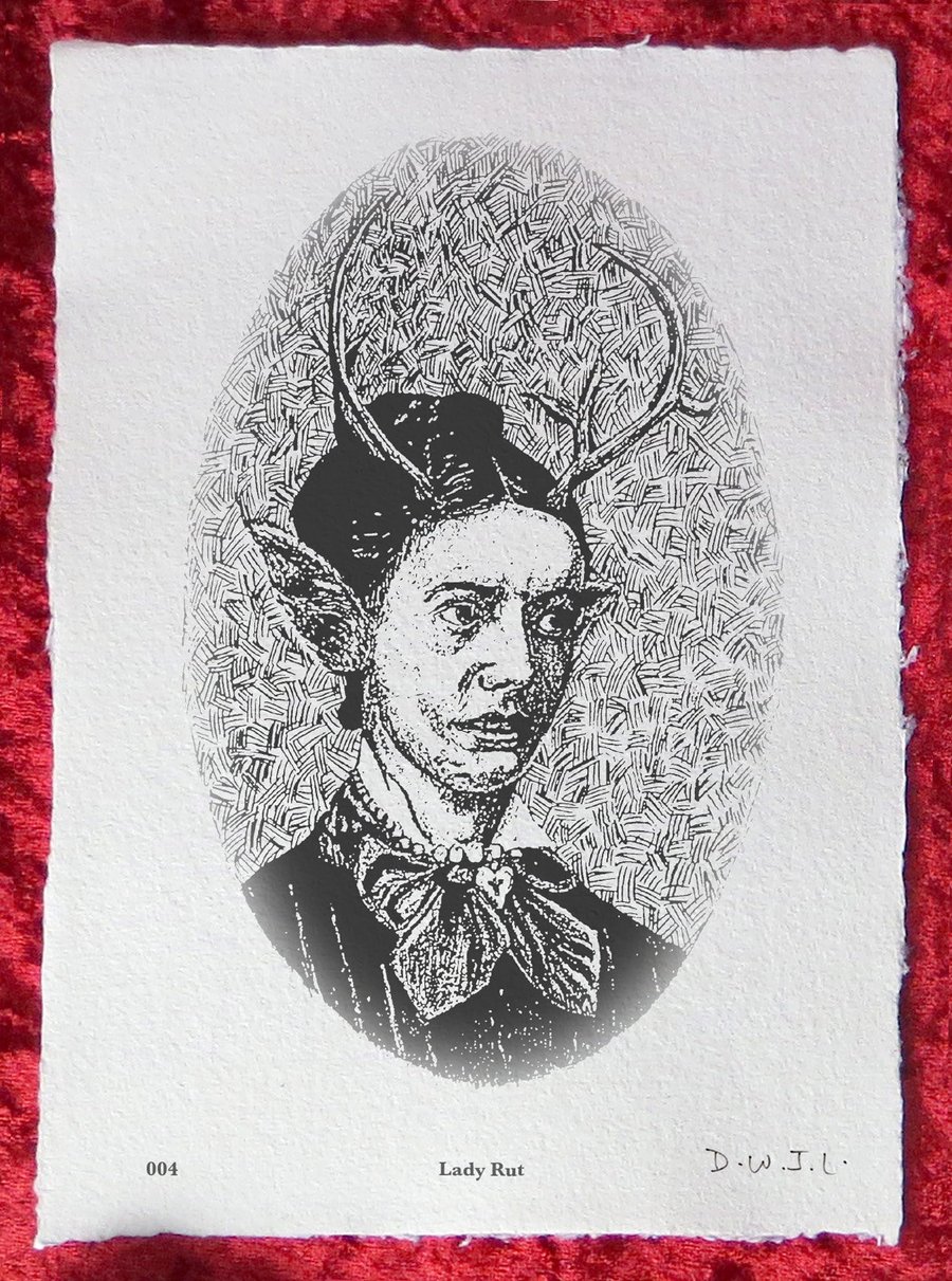 Lady Rut - Handmade Khadi Paper Giclée Print - David W. J. Lloyd - Antlers, Lady