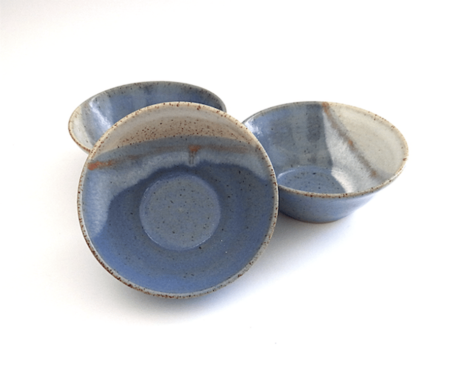 Ceramic breakfast lunch dinner bowl in blue orange and cream - handmade pottery