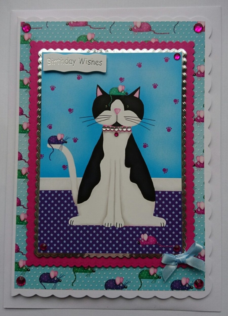 Birthday Card Birthday Wishes Fat Black and White Cat with Mice 3D Luxury