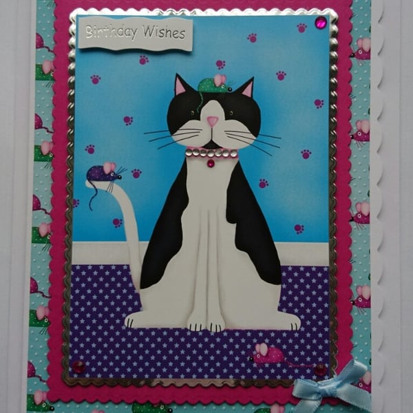 Birthday Card Birthday Wishes Fat Black and White Cat with Mice 3D Luxury
