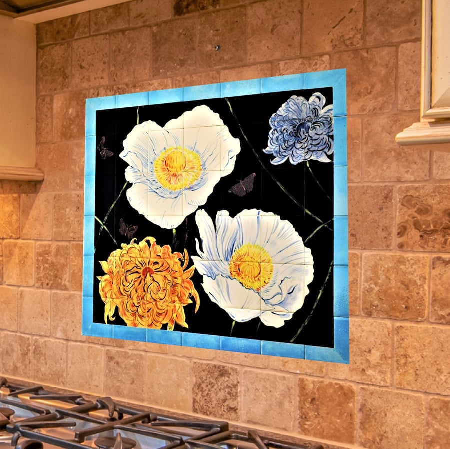 Ceramic Tile Splashback, Flower Painting, Hand Glazed Decorative Tiles.