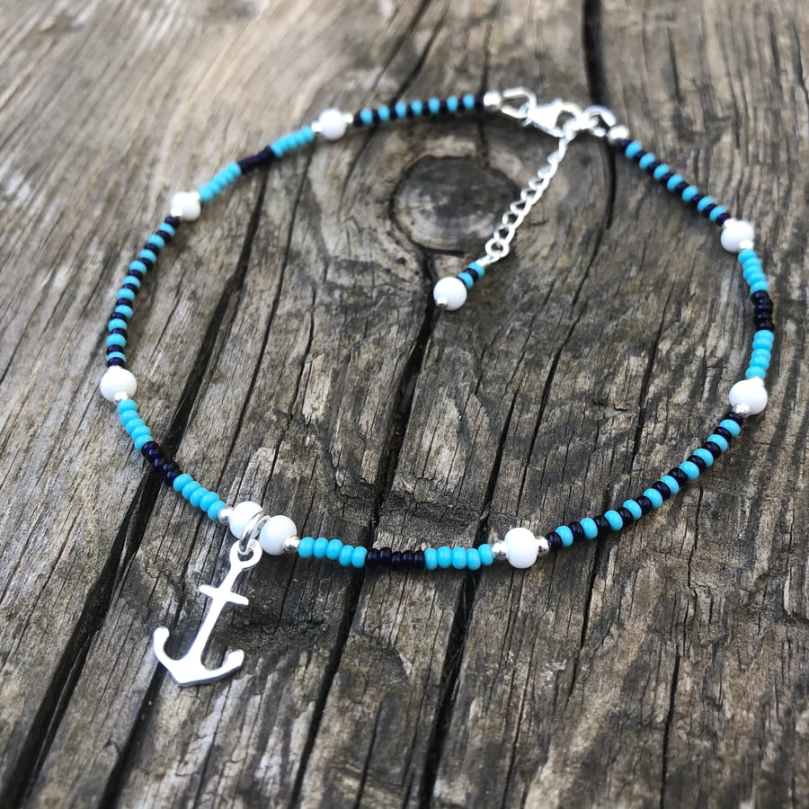 Blue Beaded & Anchor Anklet. Sterling Silver. 