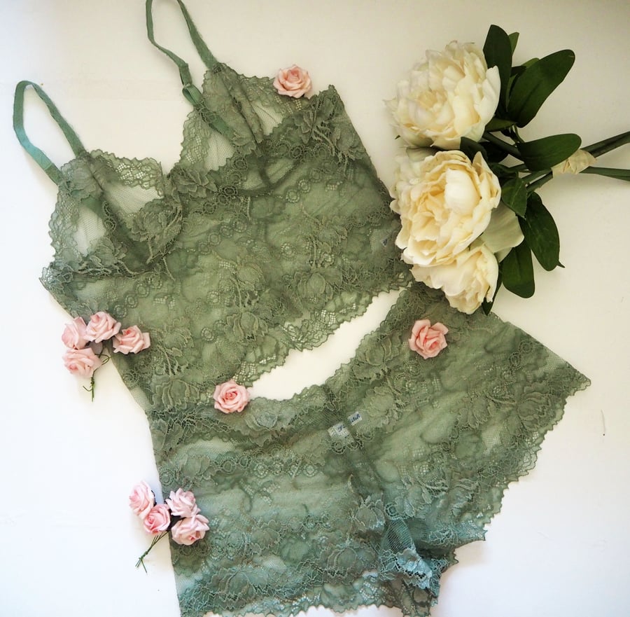  Semi  sheer bralette and French knickers set in soft olive green.