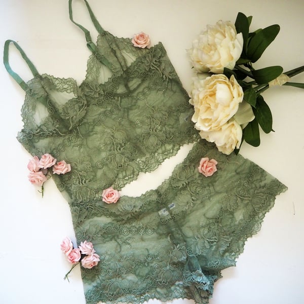  Semi  sheer bralette and French knickers set in soft olive green.