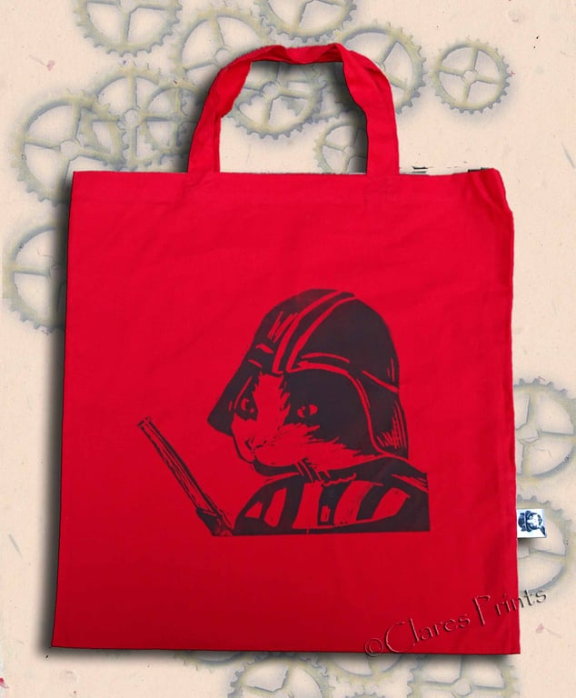 Darth Vadar Cat Tote Animal Linocut Hand Printed Red Shopping Bag