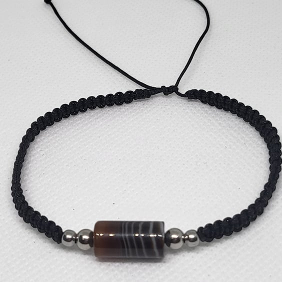 Men's Striped Agate Bracelet Adjustable Black Cord Stainless Steel