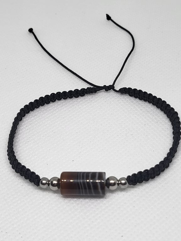 Men's Striped Agate Bracelet Adjustable Black Cord Stainless Steel