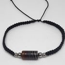 Men's Striped Agate Bracelet Adjustable Black Cord Stainless Steel