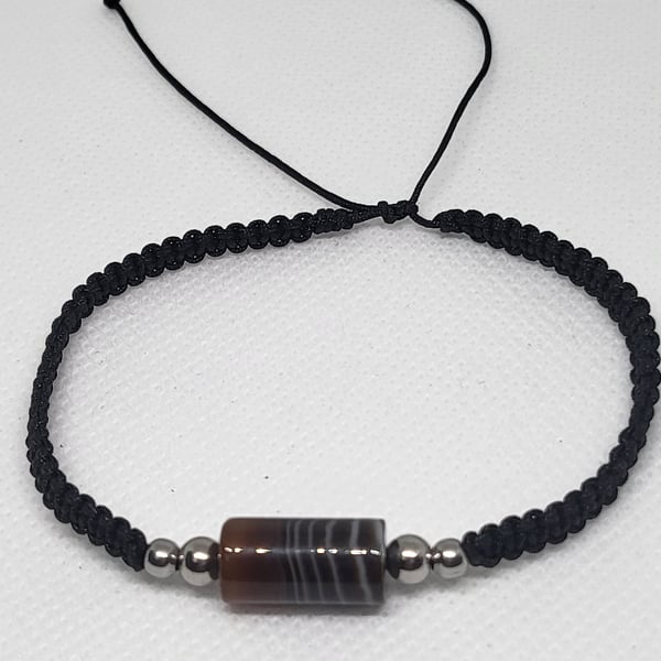 Men's Striped Agate Bracelet Adjustable Black Cord Stainless Steel