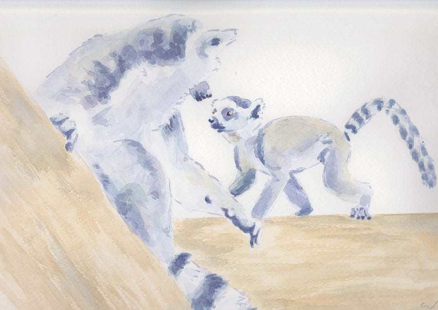 Lemur Baby Original Watercolour & Ink Painting OOAK Art