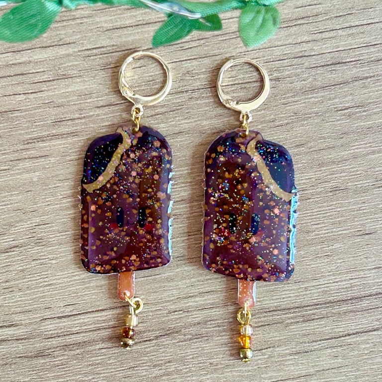 Retro Chocolate Ice Cream Lolly Earrings - Glitter Foodie Dangle Huggies