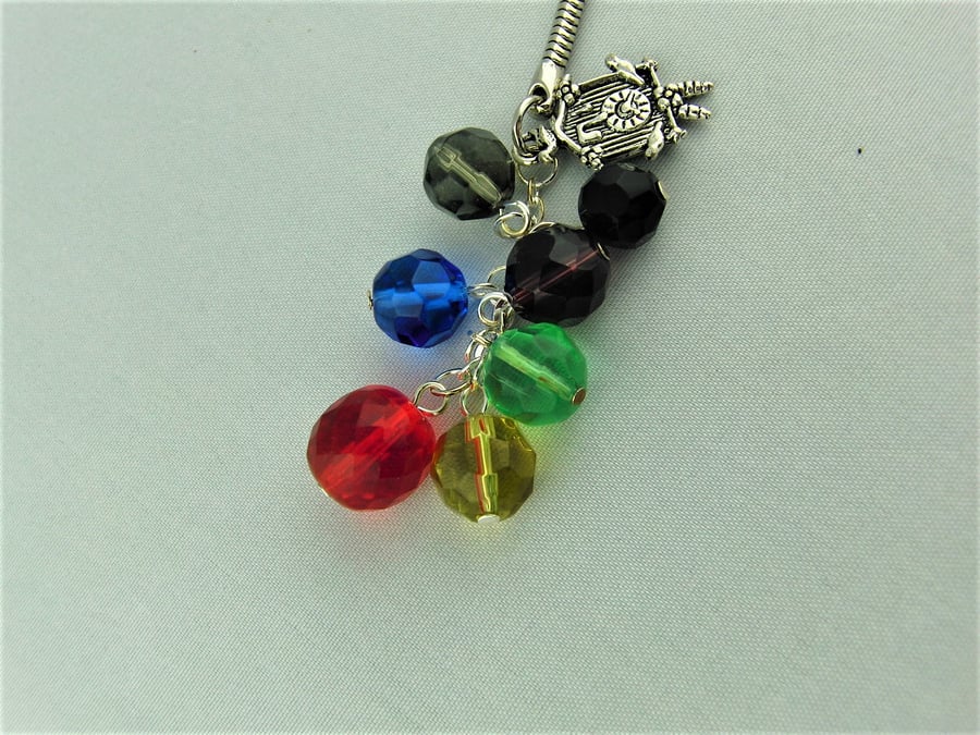 Silver Cuckoo Clock Charm and Multi Coloured Crystal Bead Key Ring