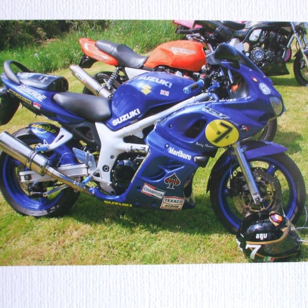 Photographic greetings card of a Suzuki "Barry Sheene" replica.