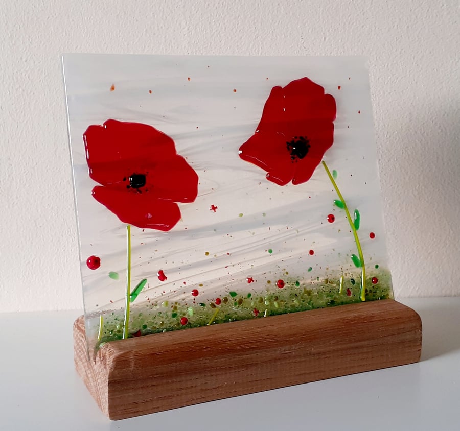 Fused Glass Poppy Suncatcher in handmade oak stand, everlasting flowers