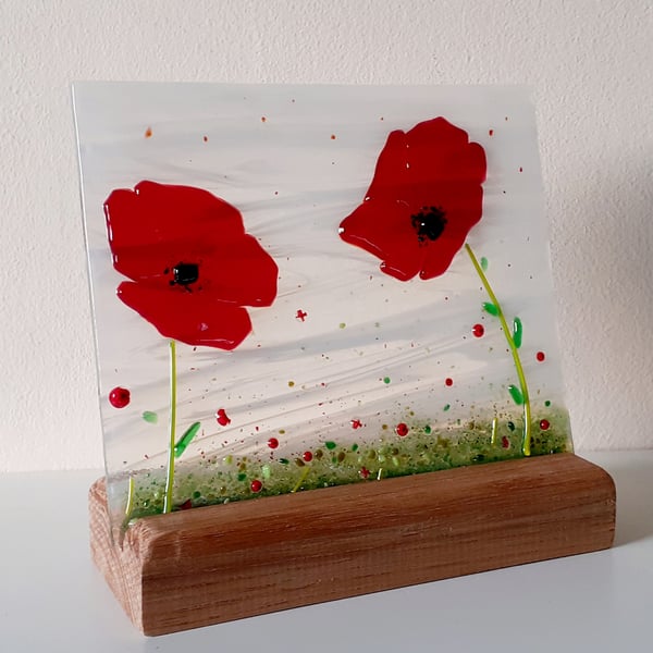 Fused Glass Poppy Suncatcher in handmade oak stand, everlasting flowers