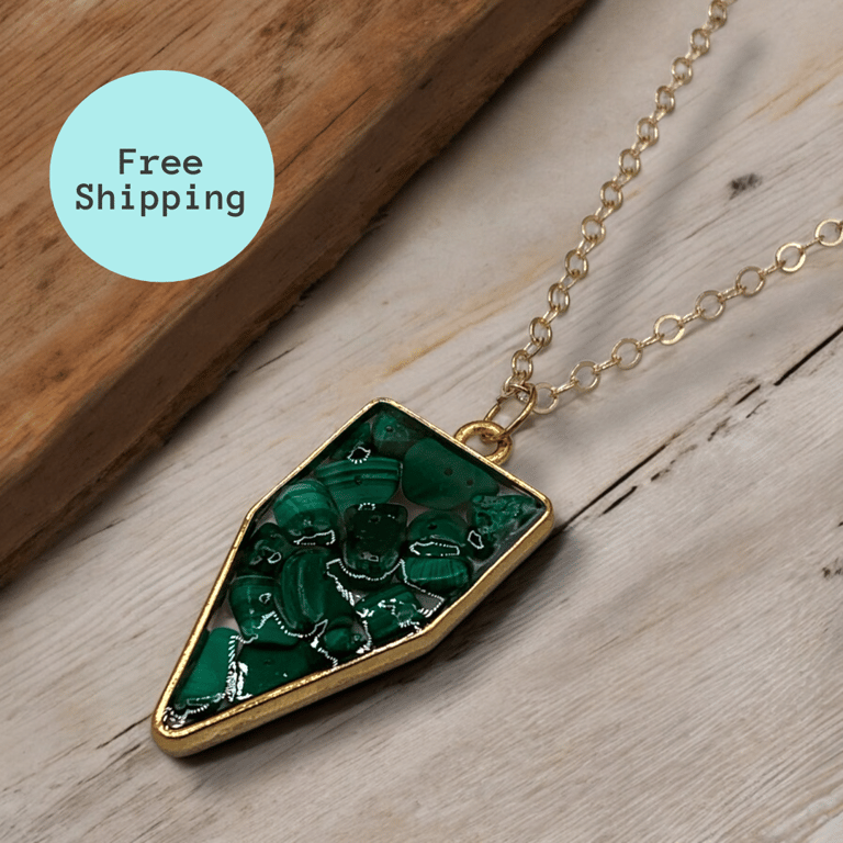 Malachite Rose Gold plated Arrowhead Worry Stone Necklace - Free Postage