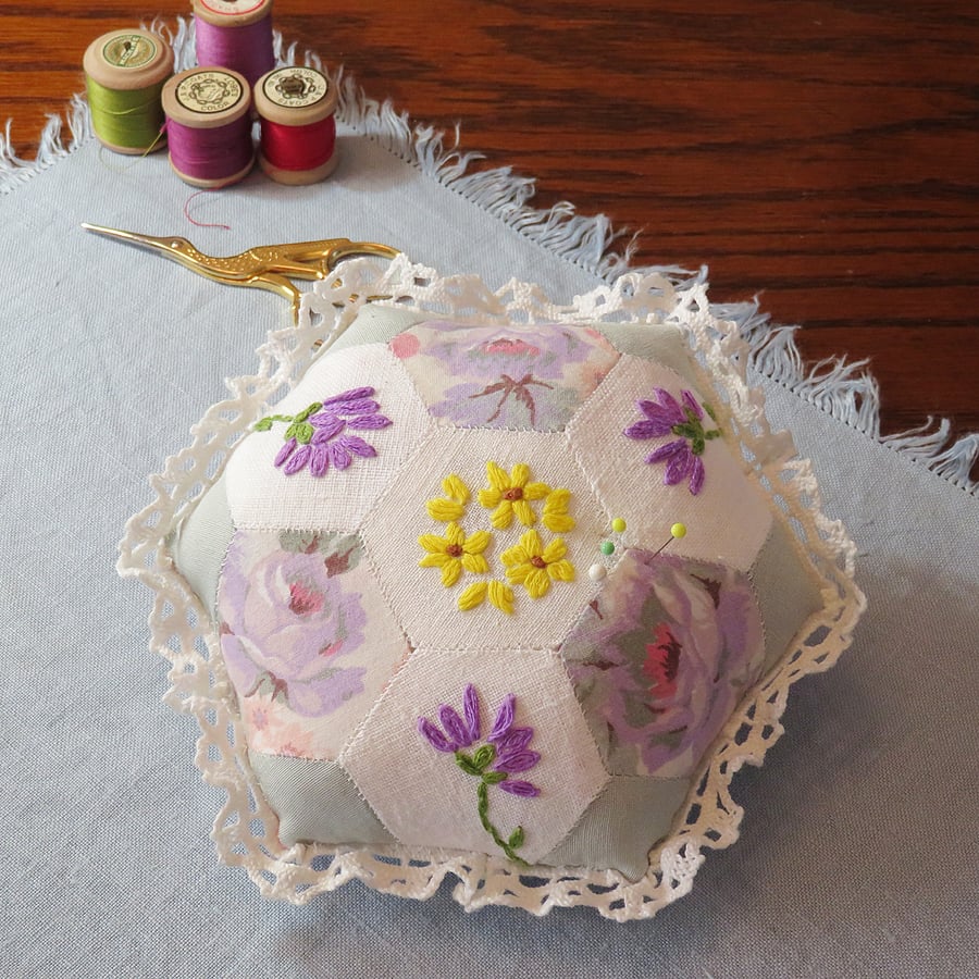 Hexagonal Patchwork Pincushion, Yellow and Lilac, from embroidered vintage linen