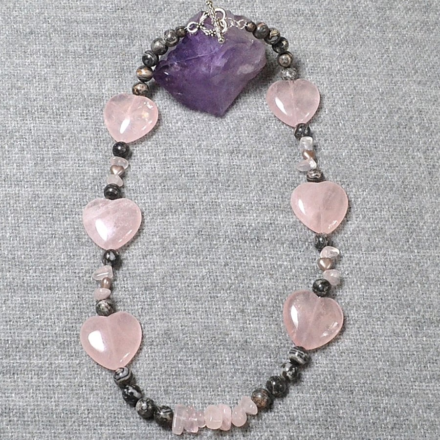 Rose Quartz Heart and Chip Necklace with Grey Stone Beads and Glass Hearts
