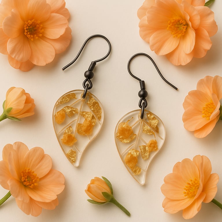 Peach Flower Leaf Resin Earrings – Gold Leaf Botanical Dangles