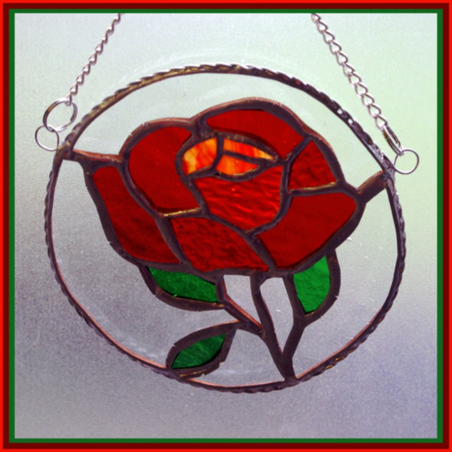 Red Rose Ring Suncatcher Stained Glass Valentine Mothers Day Handmade with Love