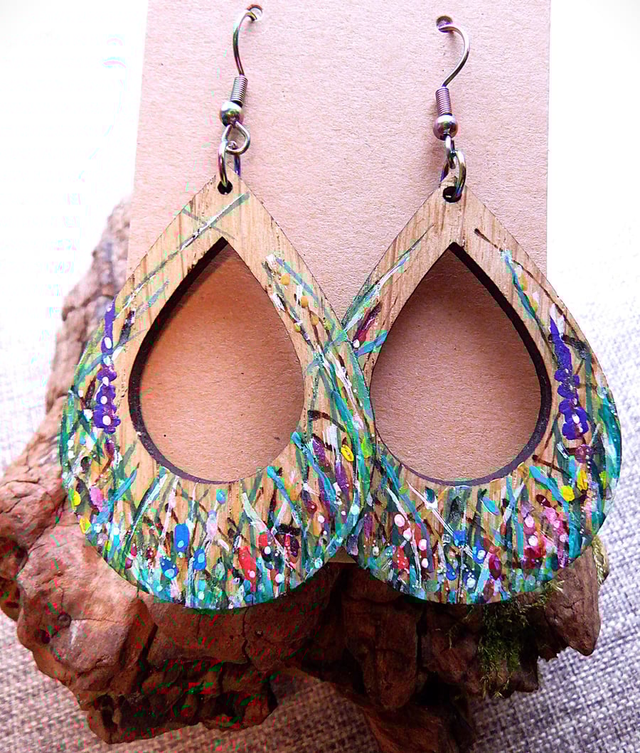 Wooden Hand Painted Wildflower Hoop earrings