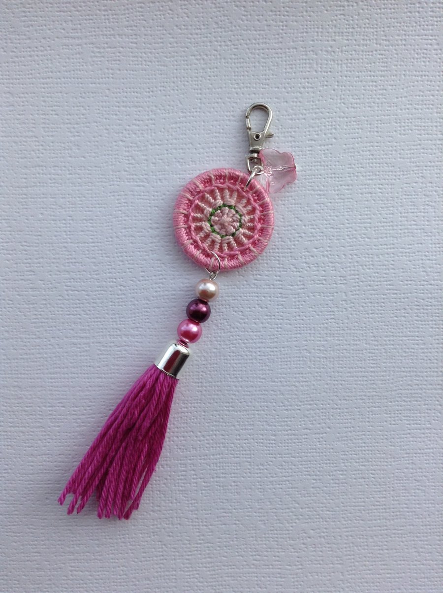 Dorset Button and Tassel Bag Charm in Pink