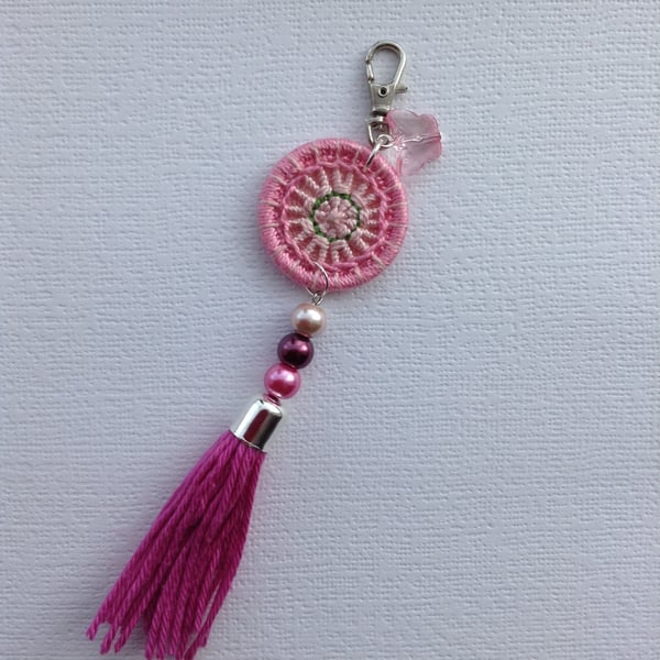Dorset Button and Tassel Bag Charm in Pink