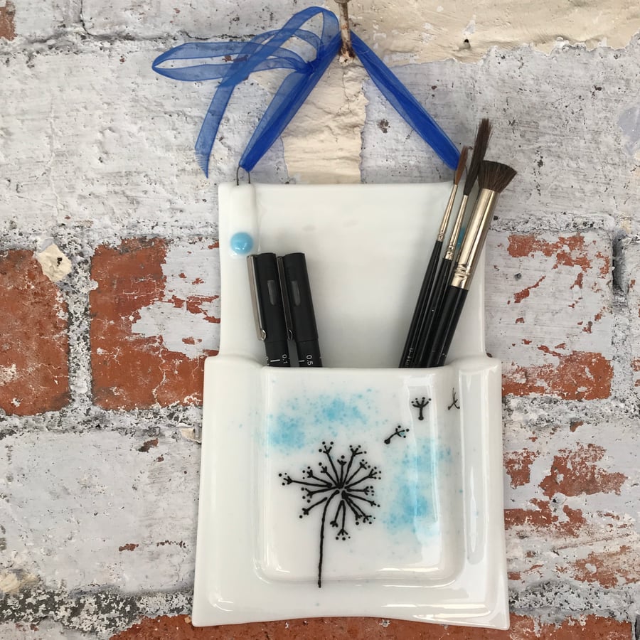 Fused glass wall hanging pencil and pen holder