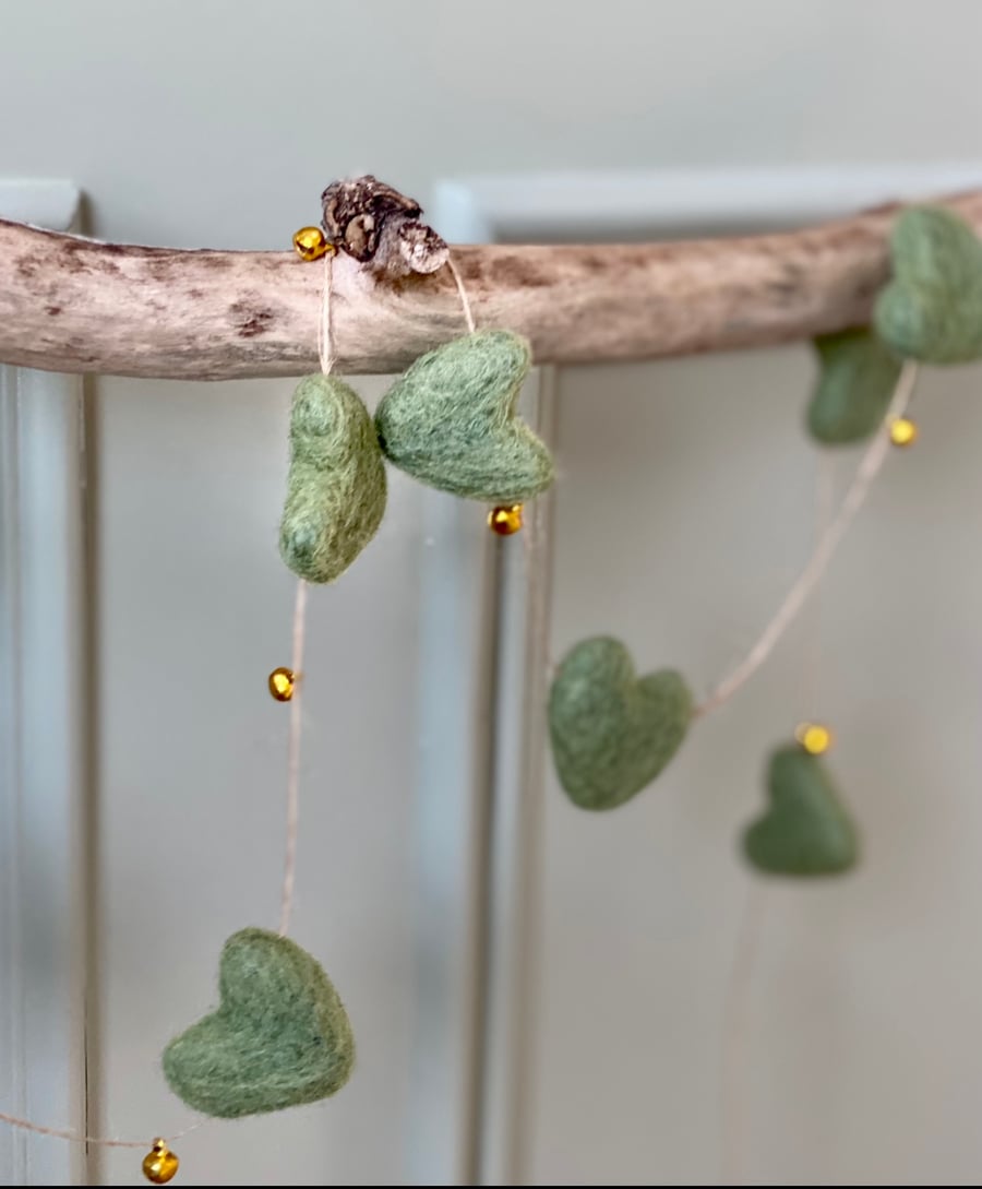 Sage Green Felt Hearts & Gold Bell Garland