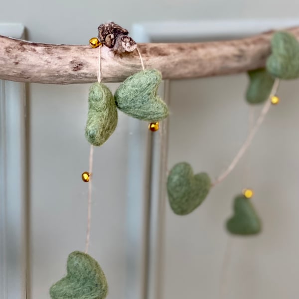 Sage Green Felt Hearts & Gold Bell Garland
