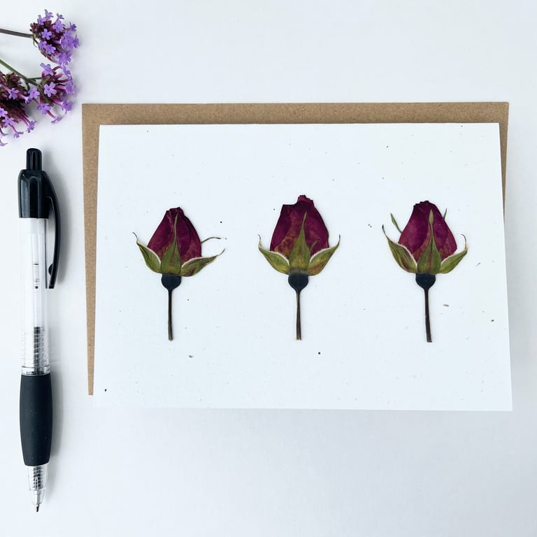 Handmade Real Pressed Rose Bud Greeting Card, Wedding, Anniversary, Birthday