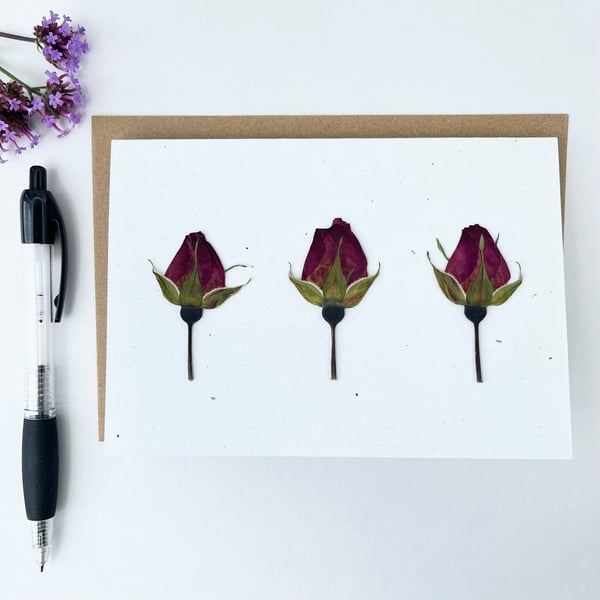 Handmade Real Pressed Rose Bud Greeting Card, Wedding, Anniversary, Birthday