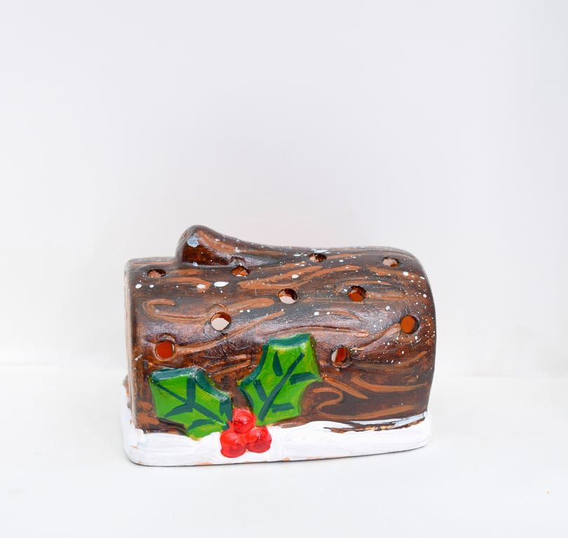 Hand-Painted Christmas Yule Log Tea Light Holder - Christmas Candle Holder
