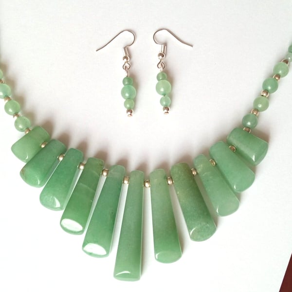 Green Aventurine Necklace & Earrings Gift Set Gemstone Tapered Statement