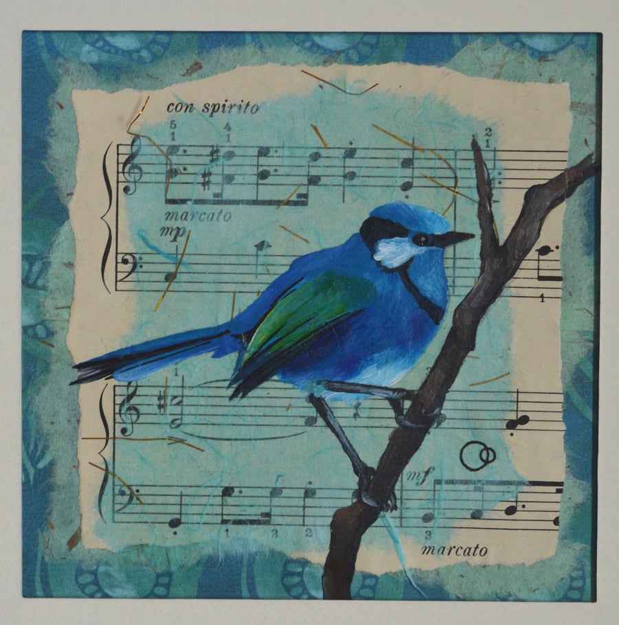 "Con Spirito" Original Hand Painted Collage Blue Bird Sheet Music Nature Art